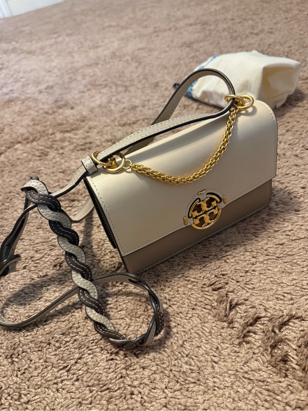 Tory Burch Miller Flap Shoulder Bag in Cream and Brown